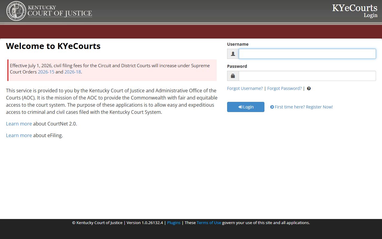 Fleming County court records KYeCourts registered login screen